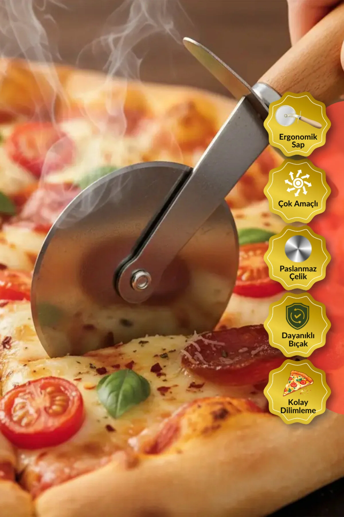 Ahşap Saplı Pizza Kesici Paslanmaz Çelik Bıçaklı, Pratik, Dayanıklı Ve Ergonomik Çelik