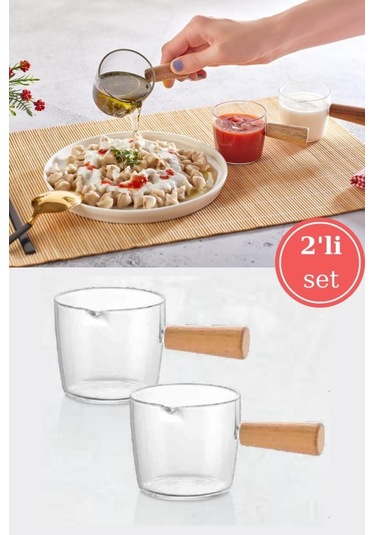 Flosoft Ahşap Saplı Mika Sosluk Takımı 2 x 100 ML Kahverengi - Şeffaf