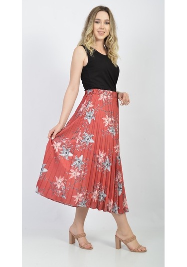 Soralline Bayan Plisoley Etek 781 Kırmızı Saten Empirme Kırmızı