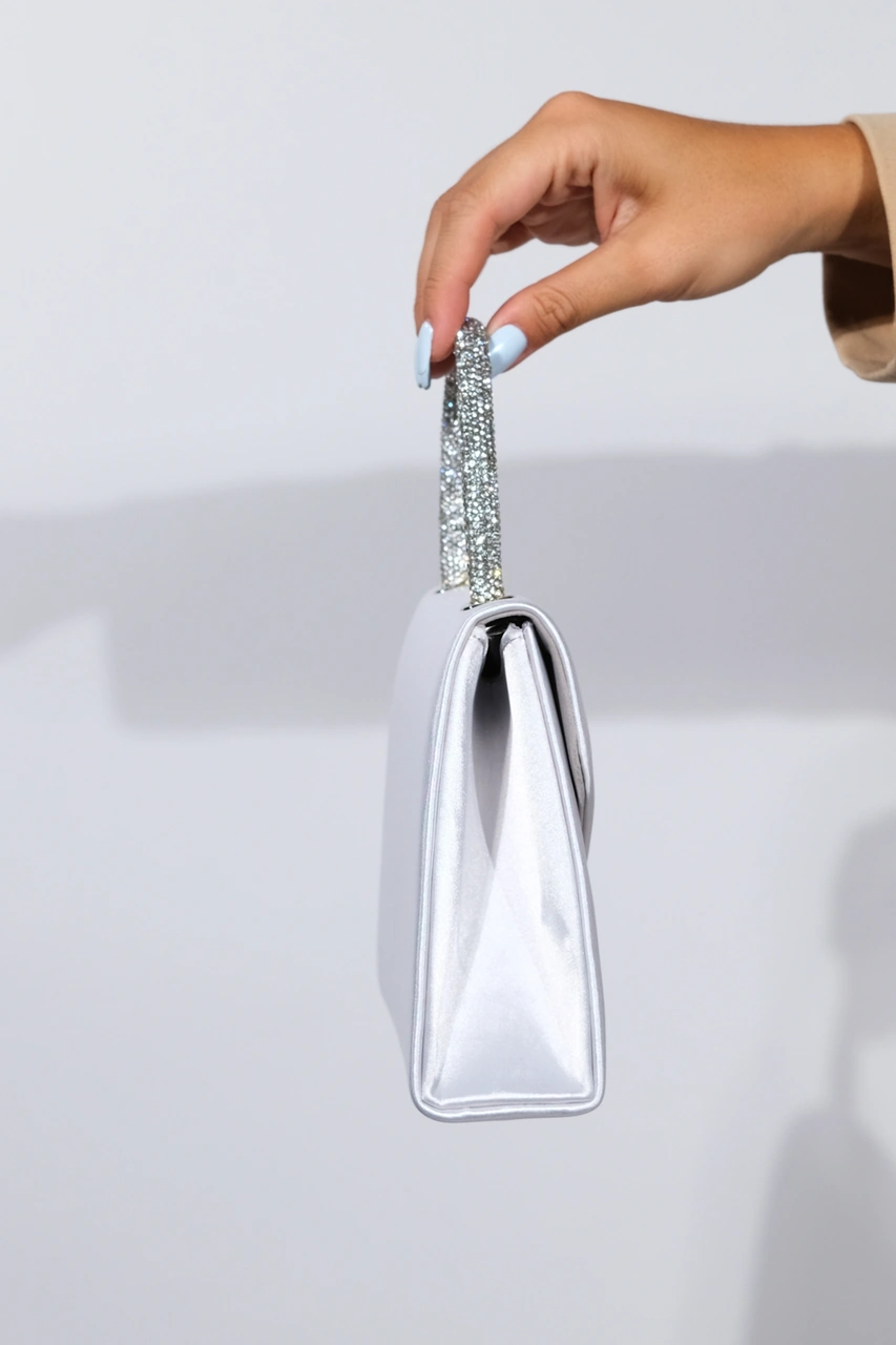 Monako Gümüş Saten Taşlı Kadın El Çantası Gümüş