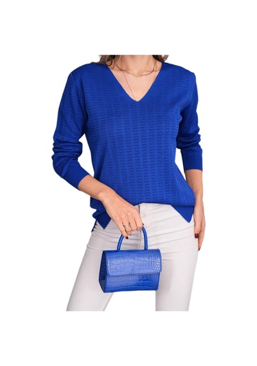 Kadın V Yaka Simli Kazak 12809 Bgl-st04106 Saks Mavi