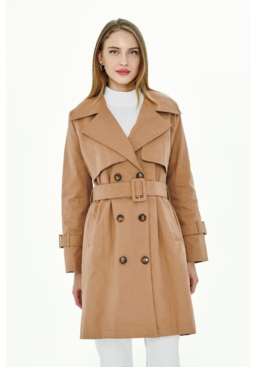 Pastelastore %100 Pamuk Gabardin Midi 95cm Astarlı Kemerli Kadın Trençkot 1113 Bej