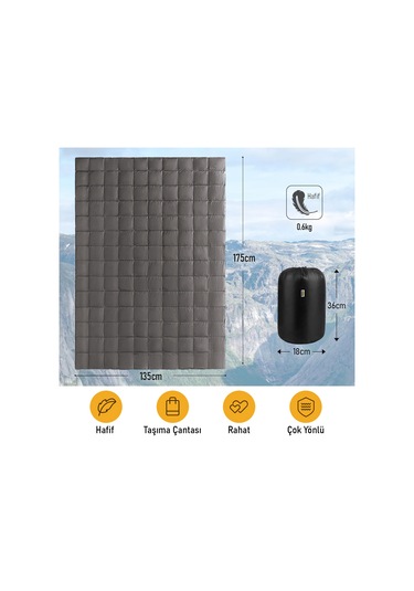 Haegs Kamp Battaniyesi - Dış Mekan Hafif Kompakt Seyahat Yorganı Kamp Yürüyüş Outdoor Şal, Battaniye 175-135 Cm Gri