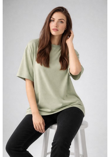 Enva Store Kadın Oversize Fit Yuvarlak Yaka Modal Basic T-shirt Tişört Haki