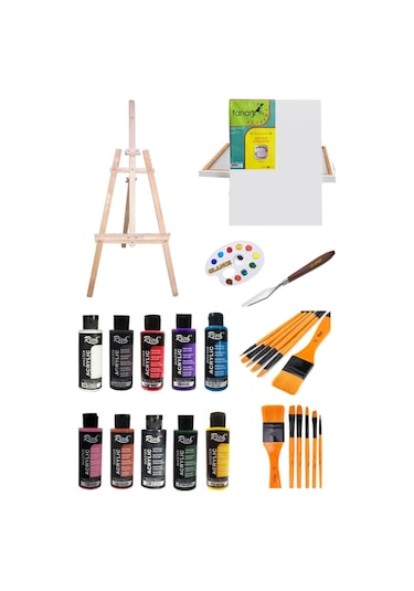 Rich 120 Cc Akrilik Boya - 50x70 Tuval -metal Spatulalı Şövale Seti 11409 Çok Renkli