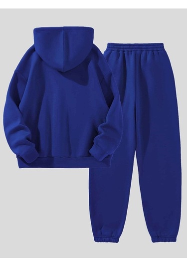 California Minimal Yazı Eşofman Takımı Sweatshirt Jogger - Saks Baskılı Oversize Şardonlu Kapüşonlu Sax Mavi