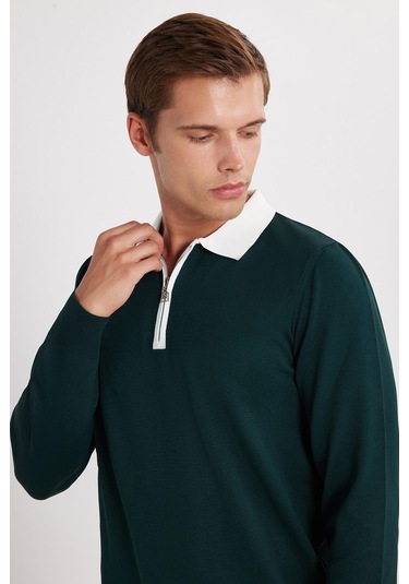 Erkek Standart Fit Uzun Kol Yarım Fermuarlı Polo Yaka Yeşil Kazak-35799 Yeşil