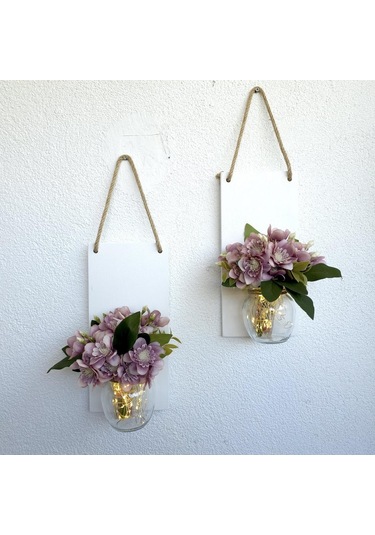 Led Işıklı, Kahve Yasemin Çiçekli Duvar Dekoru Beyaz İkili Set Beyaz