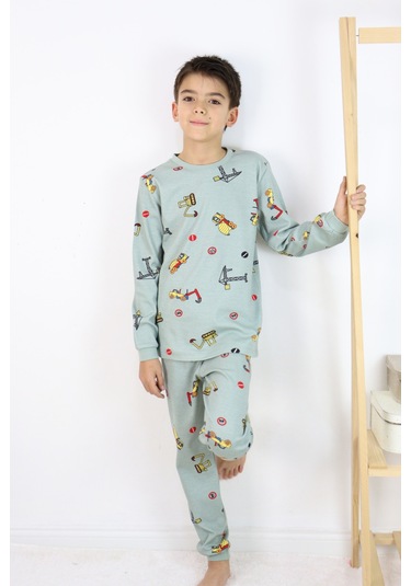 Erkek Çocuk Baskılı İnterlok Kumaş Uzun Kollu Pijama Takımı Açık Yeşil