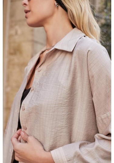 Kadın Likrasız Keten Kumaş Yakalı Cepli Düşük Omuzlu Salaş Oversize Tunik Gömlek-bej Bej