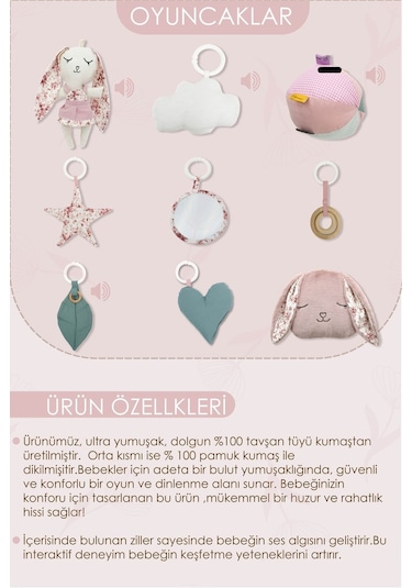 Mordesign Bebek Oyun Alanı, Tavşanlı Bebek Aktivite Matı, Güvenli Ve Yumuşak Oyun Matı, Baby Gym Serisi, Pudra