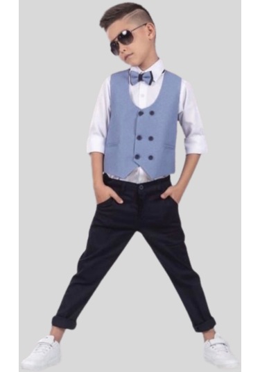 Yelekli Papyonlu 6 Düğme Çocuk Takım Elbise Mavi
