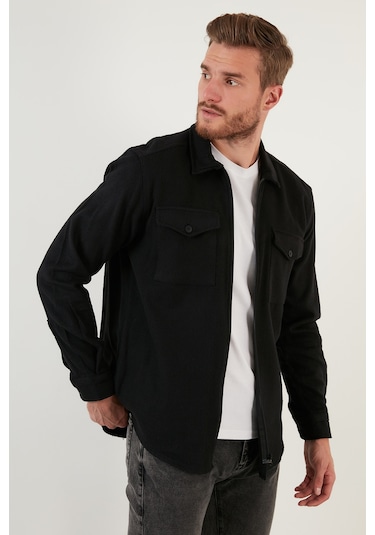 Buratti Çift Cepli Fermuarlı Slim Fit Kışlık Erkek Gömlek Cf21W112925 Siyah