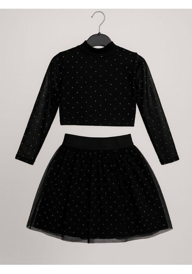 Kız Çocuk Taşlı İşlemeli Tül Bluz Etekli Takım-16407 Siyah
