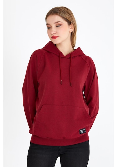 Comeor Kadın Bordo Basic Kapüşonlu Regular Fit Rahat Sweatshirt 001