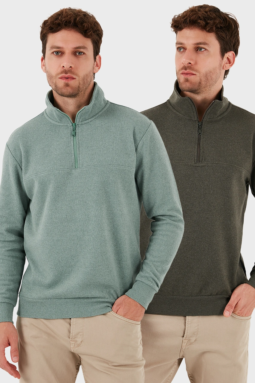 Buratti Pamuklu Regular Fit Yarım Fermuarlı Dik Yaka 2'Li Paket Erkek Kazak 456112S2 Haki-Çağla