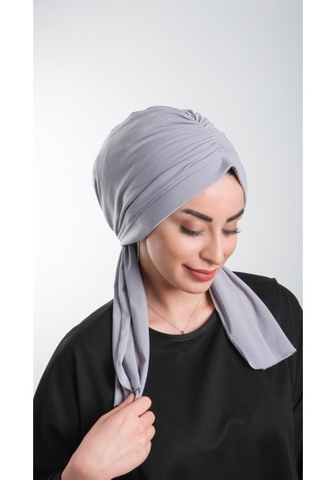 Gri Pratik Hazır Geçmeli Tesettür Bone Kesik Elyaf Sade 2111_15 Gri