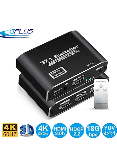 Gplus 4K321M 3 Port Hdmı 2.0 4K 60Hz Hdr 10 Hdcp 2.2 Metal Switch