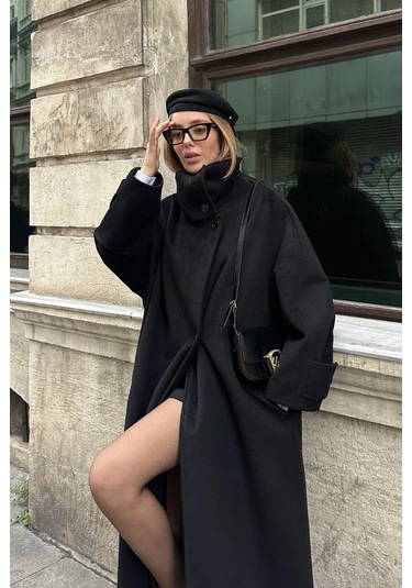 Siyah Vittoria Düğmeli Yaka Kaban - 2511 Siyah