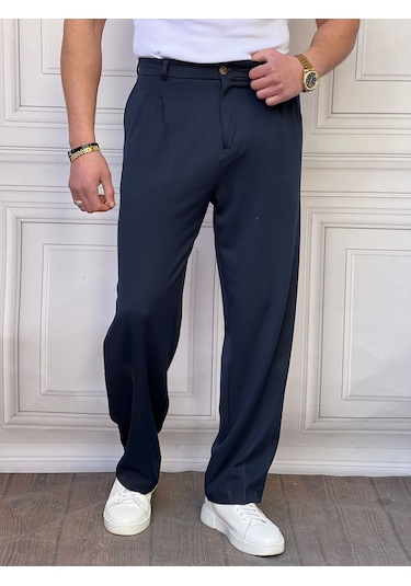 Modefendi Baggy Kalıp Pile Detaylı Kumaş Pantolon Lacivert