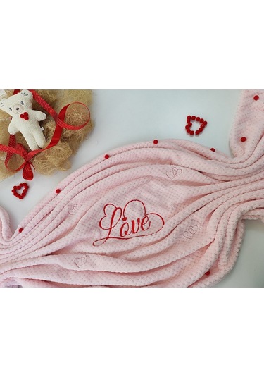 Tv Battaniyesi Love Nakışiı Kalpli Ponponlu Koltuk Şalı Battaniye Hediyelik Örtü Oyun Matı Pembe