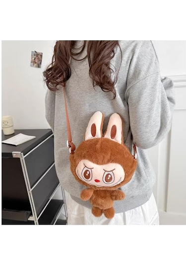 Labubu Karikatür Peluş Kız Çocuk Sevimli Çapraz Mini Çanta Kahverengi