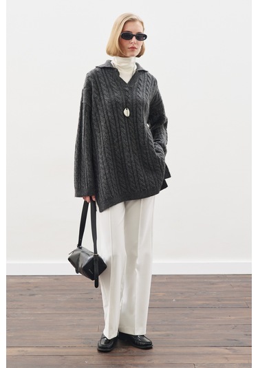 Yakalı Saç Örgü Kazak Antrasit Antrasit