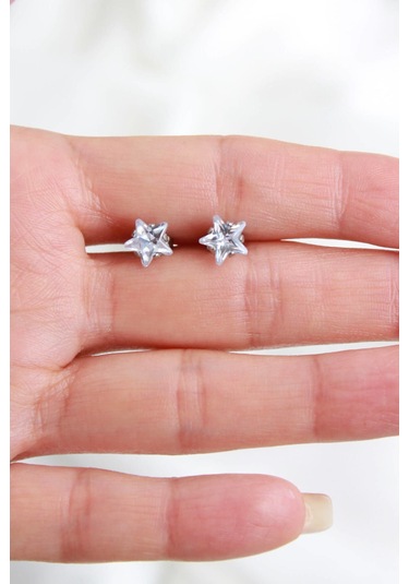 Niki Aksesuar Çelik Yıldız Küpe - Gümüş Renk Zirkon Taşlı Büyük Boy Gümüş