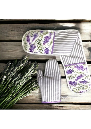 Lavanta Desen 4 Lü Mutfak Seti Mutfak Önlüğü, Fırın Eldiveni, E