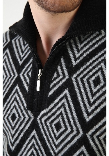 Ferraro Siyah Kare Desenli Dik Yaka %100 Kuzu Yünü Erkek Kazak Siyah (536161052) Siyah