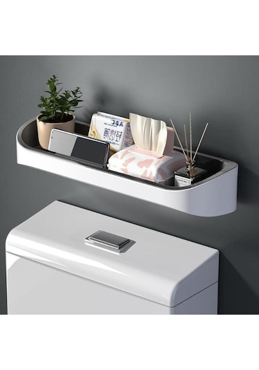 Siyah Tuvalet Rafı Duvara Monte Çok Fonksiyonlu Banyo Tuvalet Malzemeleri Büyük Deliksiz Banyo Depolama Rafı Siyah
