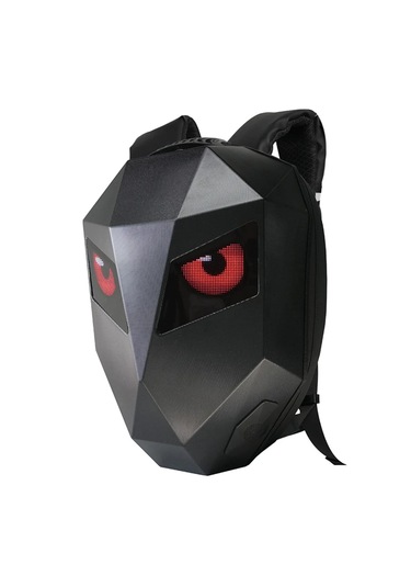 Led Kırmızı Göz Maskeli Akıllı Sırt Çantası - Sert Kasa, Usb Şarj Girişli Teknolojik Çanta Siyah