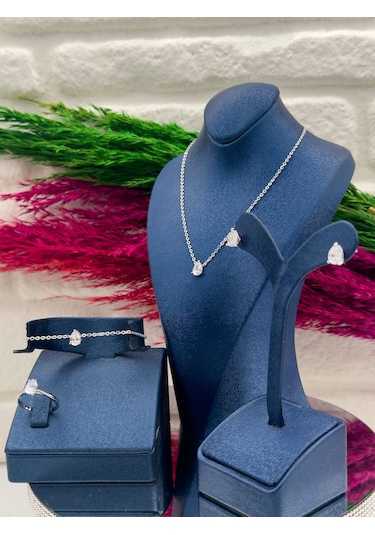 925 Ayar Gümüş Özel Tasarım 4 Lü Damla Modeli Lüks Kadın Takı Seti Gümüş