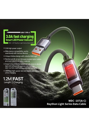 Wk Wdc-107 3a Akıllı Dijital Ekran Usb Tip-c Hızlı Şarj Veri Kablosu, Uzunluk: 1.2m Siyah
