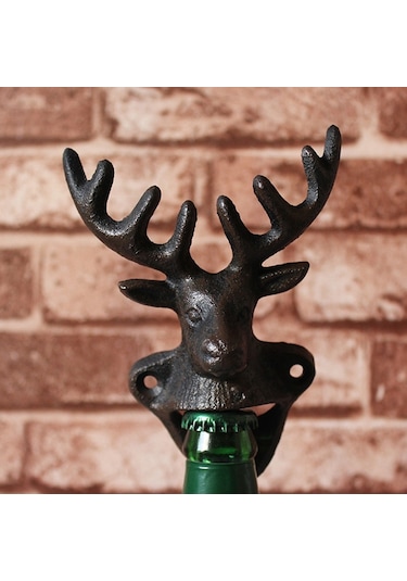 Ren Geyiği Kafası Dökme Demir Şişe Açacağı Antik Siyah Hayvan Figürleri Kafa Duvara Monte Metal Şişe Açacağı Çok Renkli