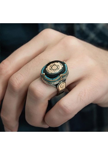 Alyans Evim  Mührü  Süleyman İşleme Sıkma Kehribar Taşlı 925 Gümüş Erkek Yüzük