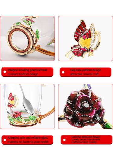 Neevoyu Kırmızı Cam Çay Bardağı Seti 350ml - Floral Desenli, Isı Yalıtımı, Kaşık+temizlik Bezi+hediye Kutusu İle - Açık Renkli Zümrüdüanka Desenli Ev Dekorasyonu Ve Çay Zevki Çok Renkli