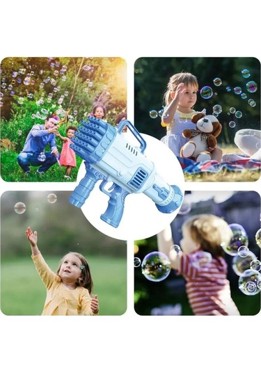 Pilli Roket Atar Köpük Tabancası 32 Delikli Bazooka Bubble Machine - Mavi Mavi