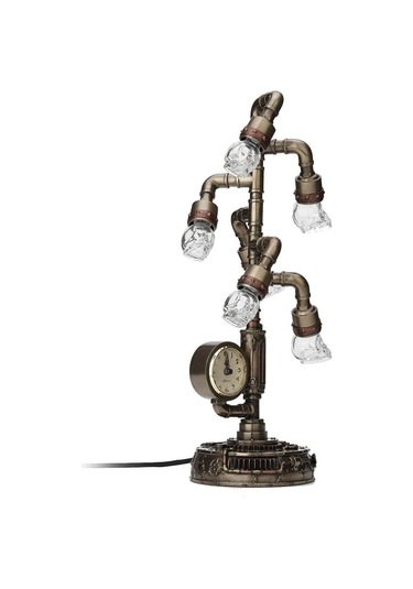Steampunk Serisi Boru Sistemli, Saatli, Kristal 6lı Kafatası Led Gece Lambası