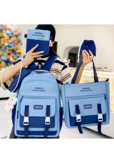 Suntek Okul Çantaları Set Tuval Sırt Çantası Kalem Çanta MAvi