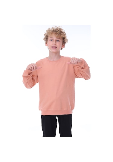 Zuzunga Oversize Unisex Basic Düz Yavruağzı Renk %100 Pamuk Sweatshirt 2-11 Yaş Yavruağzı