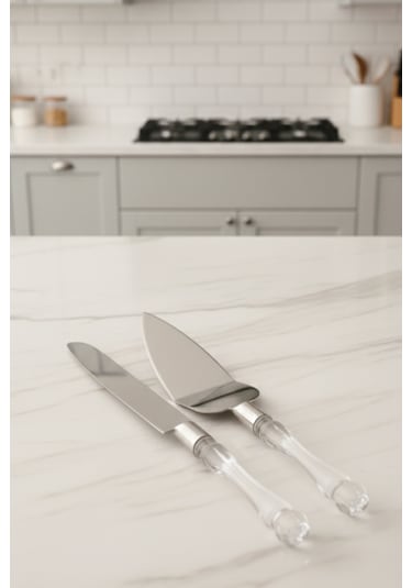 2'li Kristal Saplı Pasta Servis Seti Spatula Bıçak Sunum Servis Seti