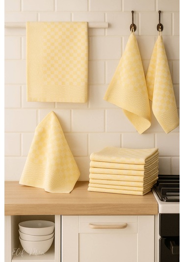 Kare Desenli Mutfak Kurulama Bezi Seti 10 Lu 50x70 Cm Casaline Sarı