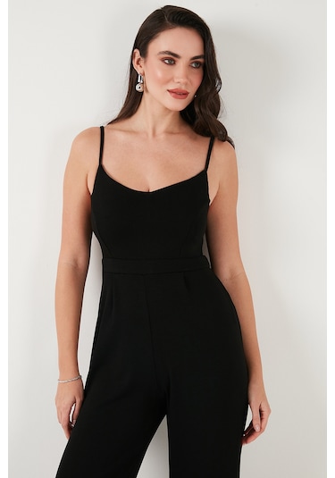 Lela Regular Fit Yuvarlak Yaka Askılı Bol Paça Bayan Tulum 5866147 Siyah