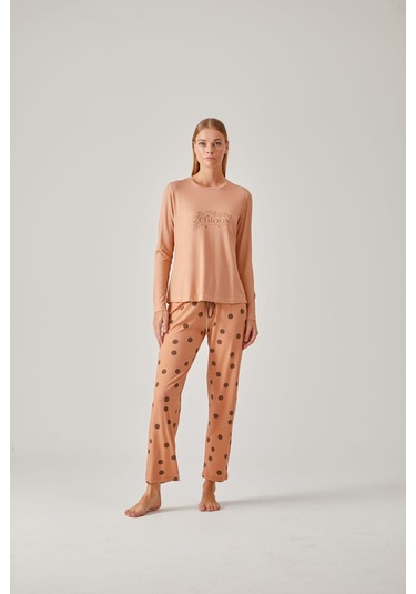 Pamuk 24014 Kadın Baskılı Tişört Puantiye Pantolonlu Pijama Takımı 001