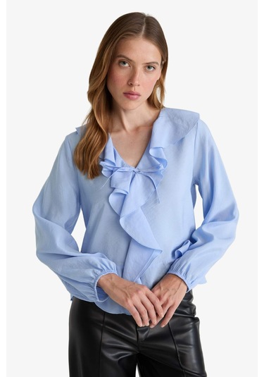 Defacto Regular Fit V Yaka Modal Volanlı Uzun Kollu Bluz G1971ax25wnbe305 Mavi