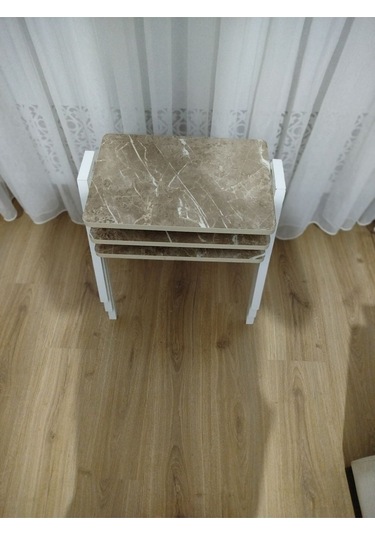 Zigon Sehpa 3'lü Mermer Desenli Tepsi Model Açık Mermer Desen Beyaz Ayak Mermer Desenli