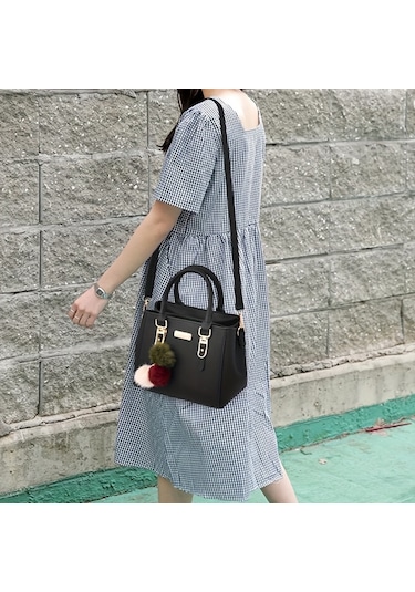 Kadınlar İçin Şık Küçük Çanta, Düz Renk Çapraz Çanta, Ponpon Topu Kolye İle Zarif Üst Sap Siyah