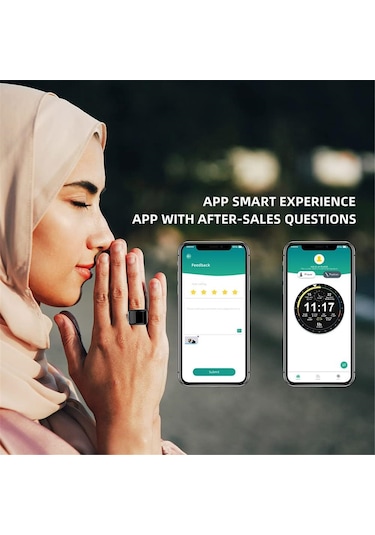 Mufunye Akıllı Zikirmatik Yüzük - 5 Namaz Vakti Hatırlatıcı, Bluetooth, Oled Ekran, 22mm Siyah Plastik