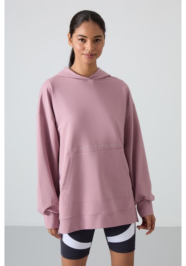 Tommy Life Gül Kurusu Balon Kol Yazı Nakışlı Kadın Oversize Tunik Sweatshirt - 97163 Gülkurusu